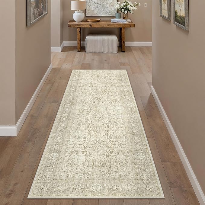 PureCozy Beige Runner Rug 2x6 Vintage Area Carpet Hallway Long Indoor Kitchen Washable Living Room Low Pile Traditional Distressed Retro Accent Throw Rug Non Slip Laundry Bathroom Office