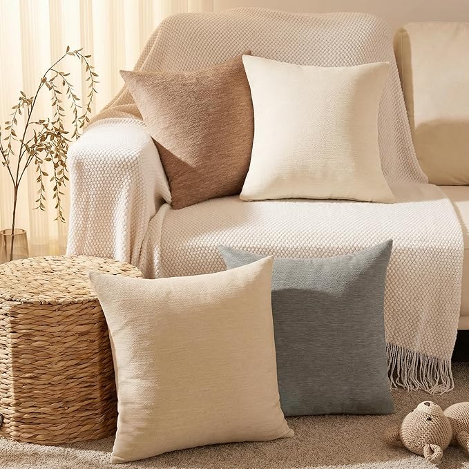 Set of 4 Neutral Throw Pillow Covers 16x16 Inch, Neutral Boho Farmhouse Aesthetic Decorative Pillow Cases for Couch, Sofa, Living Room & Bed, Soft Chenille Pillow Cases, Stylish Home Decor, 40x40 cm
