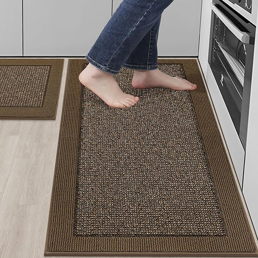 BEQHAUSE Kitchen Rugs and Mats Set of 2 Non-Slip Kitchen Mats for Floor, Absorbent and Stain Resistant Kitchen Runner, Machine Washable Rugs for Kitchen, Laundry & Sink, 20"x32"+20"x48", Brown