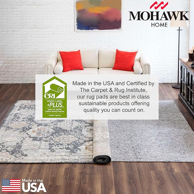 Mohawk Home 8' x 10' Non Slip Grip Rug Pad 3/8" Thick Dual Surface Felt Cushion + Rubber Gripper - Safe for All Floors