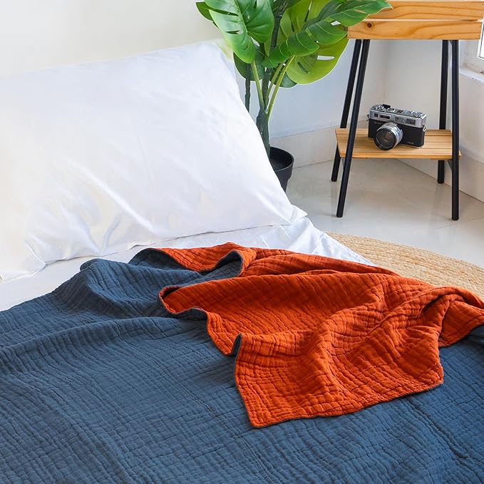 Salt Earth 100% Cotton Muslin Blanket, Gauze Blanket 50"X60" Throw with Tassel 6 Layered, Couch, Bed, Living Room, Home,Lightweight & All Season Blankets & Throws, Skin Friendly (Picante/Dark Slate)