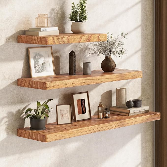 Fun Memories 30 Inch Floating Shelves, Rustic Solid Wood Wall Shelves Set of 2, 8 Inch Deep Floating Shelf for Bathroom, Bedroom, Heavy-Duty Wooden Shelf Wall-Mounted for Home Decor & Storage