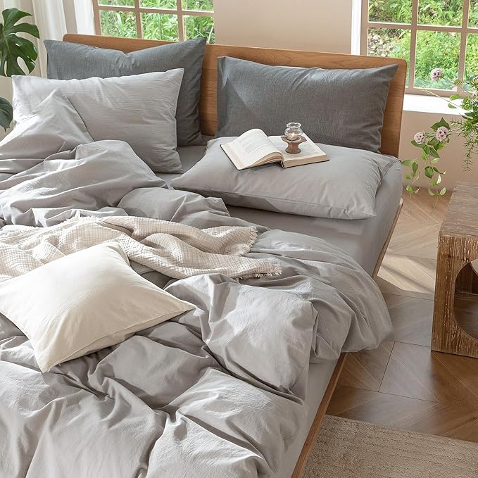 MooMee Bedding Duvet Cover Set 100% Washed Cotton Linen Like Textured Breathable Durable Soft Comfy (Solid Tan, King 104"x90")
