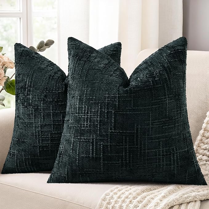 decorUhome Spring Black Chenille Euro Sham Throw Pillow Covers 22x22 Set of 2 Textured Slubby Couch Pillow Covers Farmhouse Accent Modern Neutral Decorative Pillow Cases for Bed Sofa Living Room