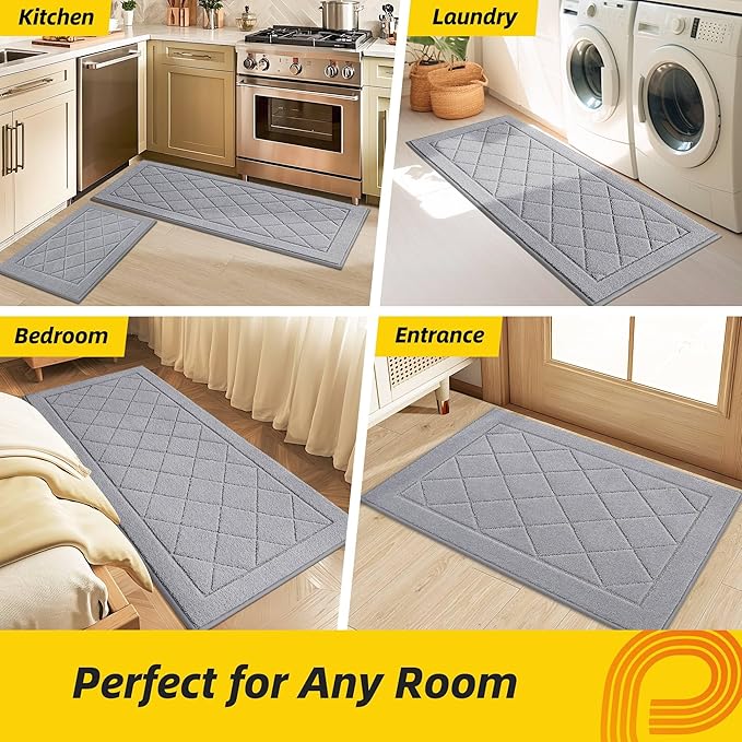 JSEI Non-Slip Kitchen Rugs, Self Adhesive No Sliding Kitchen Mats Set of 2, Soft Washable Absorbent Floor Mat for Kitchen, Bathroom, Laundry Room, Bedroom, 20”x32”+32”x48”, Light Grey, Diamond Pattern