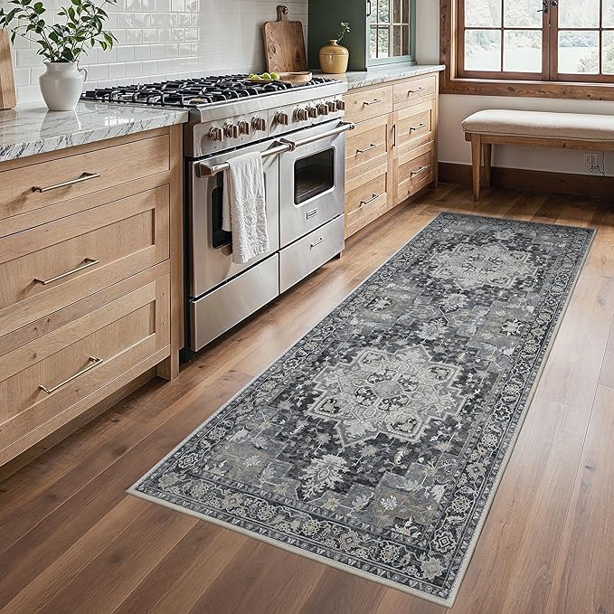 BESBLEE Runner Rug 2'6''x6, Machine Washable Runners, Non Slip Vintage Hallway Runner Rugs, Low Pile Lightweight Mat for Entryway, Hallway, Kitchen and Corridor, Dark Gray