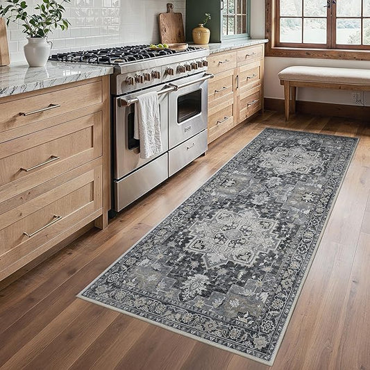 BESBLEE Runner Rug 2'6''x6, Machine Washable Runners, Non Slip Vintage Hallway Runner Rugs, Low Pile Lightweight Mat for Entryway, Hallway, Kitchen and Corridor, Dark Gray
