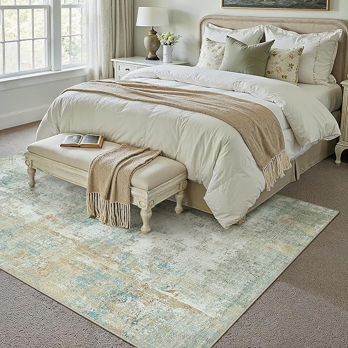 WondRg 5x7 Washable Area Rug Teal Beige Abstract Living Room Bedroom Carpet Neutral Modern Non-Slip Soft Low Pile Lightweight Vacuumable Throw Rug for Dining Room Entryway