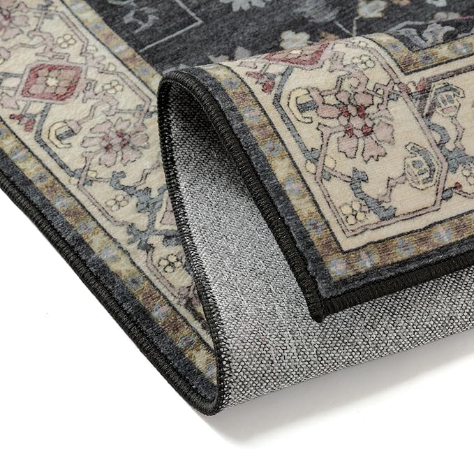 PureCozy Black 2x3 Area Rug Washable Entryway Vintage Carpet Small Indoor Door Mat Kitchen Non Slip Low Pile Thin Soft Stain Resistant Accent Throw Rug for Bathroom Entrance Bedroom Office Living Room