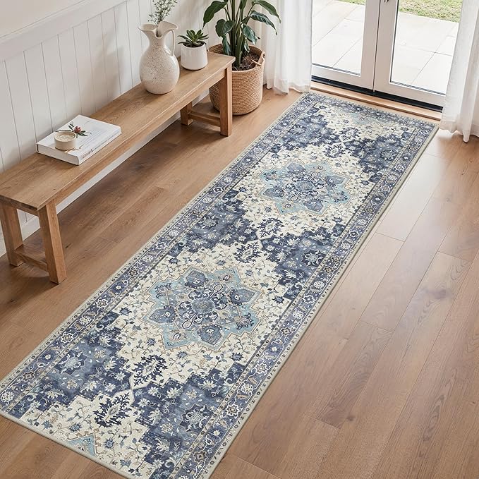 BESBLEE 2'6''x8 Runner Rugs for Hallway, Machine Washable Non Slip Vintage Rugs, Low Pile Lightweight Soft Print Rug for enrtyway, Corridor, Home Office, Kitchen, Center Blue