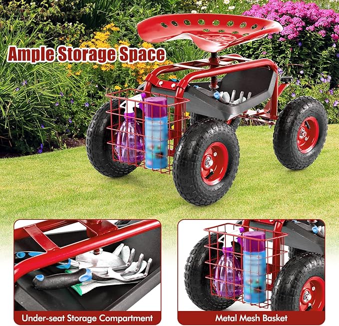 Goplus Garden Seat with Wheels, Rolling Garden Cart with 360 Degree Swivel Seat for Planting, Gardening Stool w/Tool Tray, Basket, Gardening Chair Workseat, Patio Wagon Scooter for Seniors