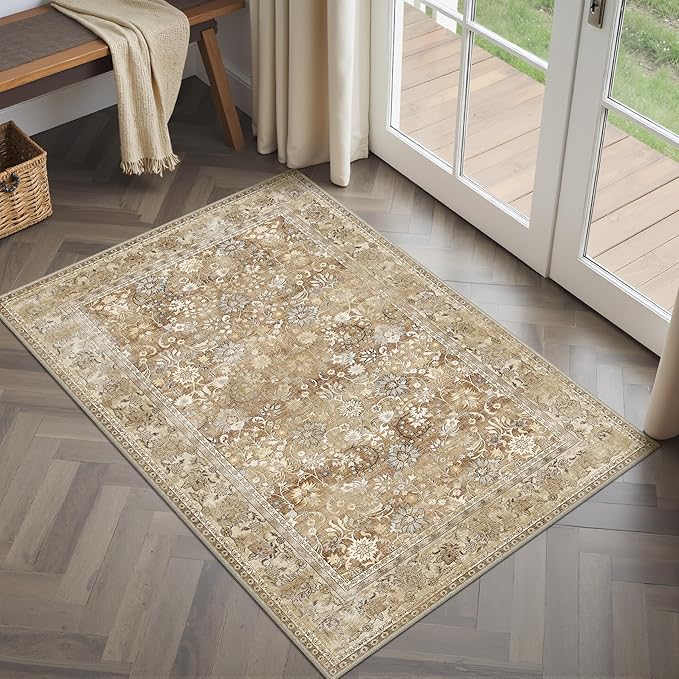 HUGEAR 2x3 Small Rug Machine Washable Area Rug Brown Beige Entryway Rugs Entrance Door Mat Indoor Floral Low Pile Carpet Distressed Throw Rugs Kitchen Bedroom Office Non Slip