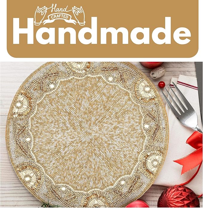 Gold & Silver Beaded Round Placemats - 13 in, Perfect for Holidays & Dining Tables, Glitz Charger Included
