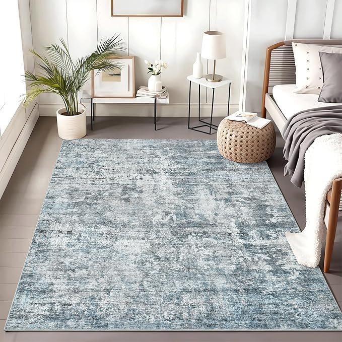 Soalmost 3x5 Rug, Small Area for Kitchen, Entryway, Machine Washable Non-Slip Throw Rug, Vintage Carpet for Nursery Coffee Table Blue