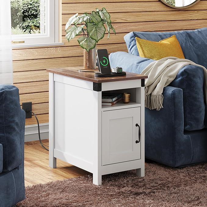 WLIVE End Table with Charging Station, Narrow Side Table for Living Room, Farmhouse Night Stand with Storage, Small Wooden Cabinet with USB Ports and Outlets for Living Room and Bedroom, White