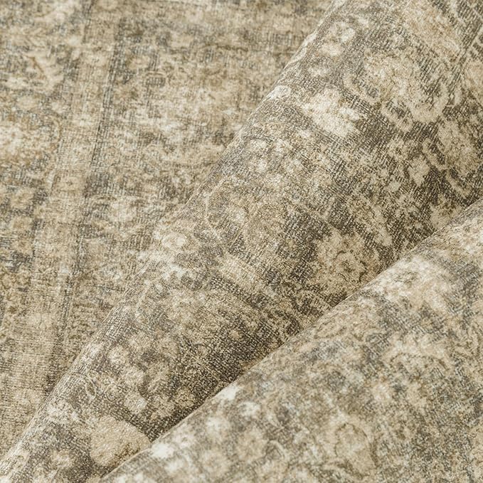 PureCozy Brown Area Rug 5x7 Machine Washable Vintage Living Room Distressed Non Slip Carpet Traditional Indoor Bedroom Retro Floral Accent Throw Large Rug Office Kitchen Bathroom Dining Room