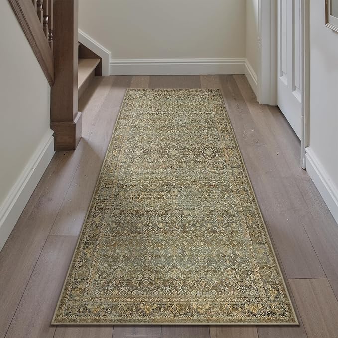 PureCozy Runner Rug 2x8 Brown Hallway Washable Kitchen Vintage Carpet Non Slip Long Indoor Bedroom Retro Traditional Accent Throw Rug for Bathroom Office Entryway Laundry Dining