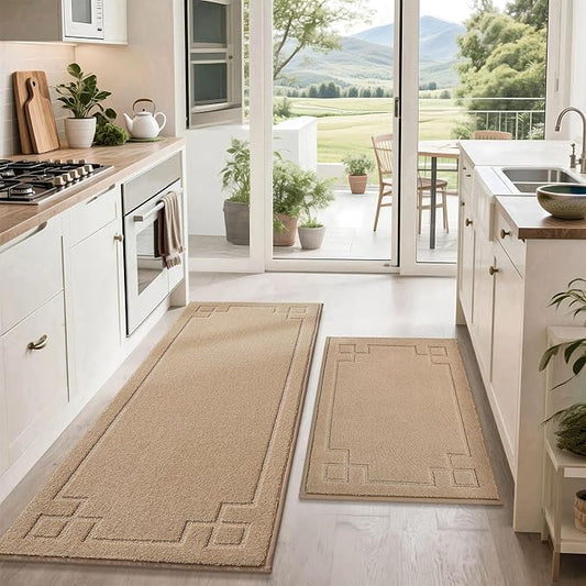 BEQHAUSE Kitchen Rugs Non-Slip Washable Rug Sets of 2, Machine Washable Kitchen Mats Absorbent Soft Kitchen Runner Rugs for Floor,Sink,Hallway,Laundry,24”x36”+24”x60”, Beige