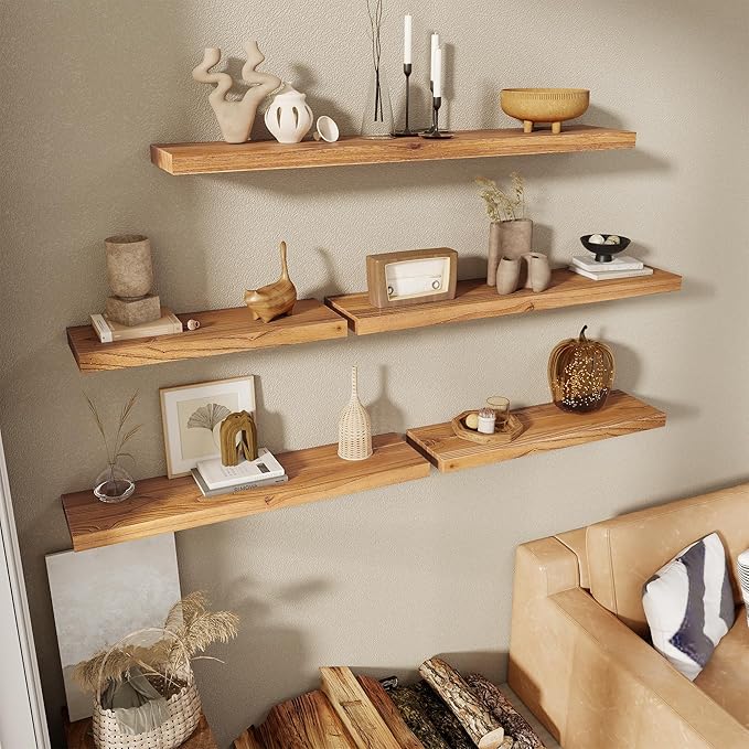 24 Inch Floating Shelves for Wall, 8"D High End Solid Hardwood Shelves for Decor Storage, Rustic Wall Shelves with Invisible Heavy Duty Brackets for Living Room, Kitchen, Bathroom, Natural, 2 Pack
