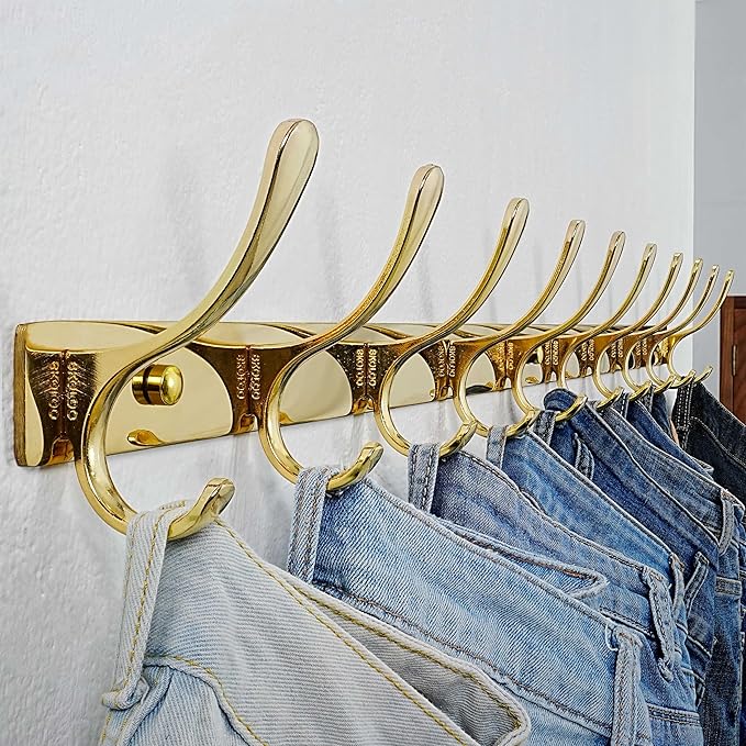 SKOLOO Wall Mounted Coat Rack - 10 Hooks, Heavy Duty, Stainless Steel, Metal Wall Hangers, Sturdy Coat Hooks for Hanging Coats, Jacket, Clothes, Hat, Bright Gold