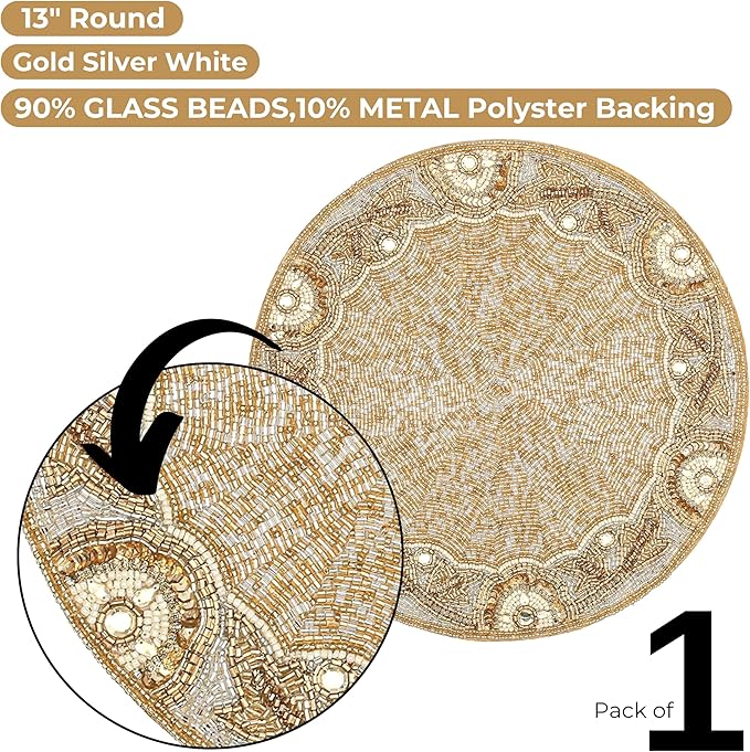 Gold & Silver Beaded Round Placemats - 13 in, Perfect for Holidays & Dining Tables, Glitz Charger Included