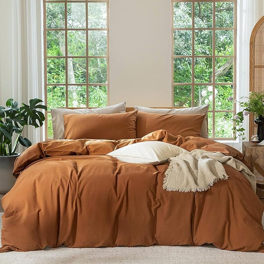 MooMee Bedding Duvet Cover Set 100% Washed Cotton Linen Like Textured Breathable Durable Soft Comfy (Solid Dark Orange, Oversized Queen 98"x98")