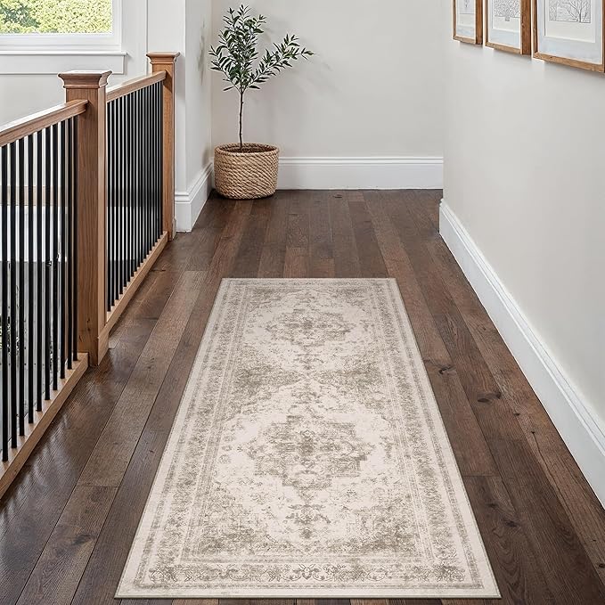 PureCozy Runner Rug 2x5 Beige Hallway Washable Carpet Non Slip Vintage Medallion Carpet Low Pile Soft Distressed Retro Indoor Long Rug for Entryway Kitchen Bathroom Laundry Bedroom