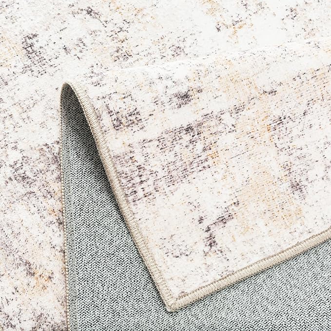 WondRg 4x4 Washable Round Rug Beige Grey Abstract Entryway Area Rug Neutral Modern Non Slip Soft Low Pile Carpet for Bathroom Kitchen Living Room Bedroom Entrance