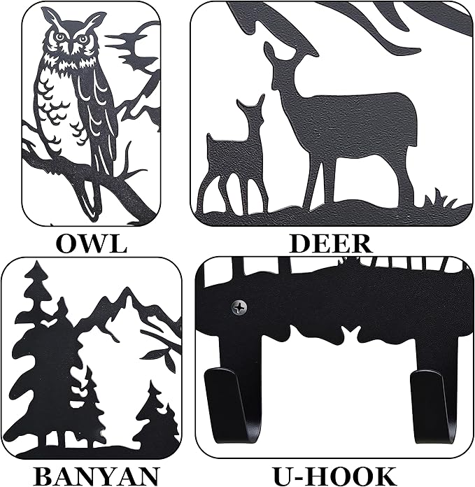 Metal Owl Hooks Wall Art Decor-Owl Hangers and Key Holder-Clothes Hat Rack and Backpack Hanger-Animal Theme Hooks Sweet Home Decor for Storage, Living Room, Hallway, Office (Black)