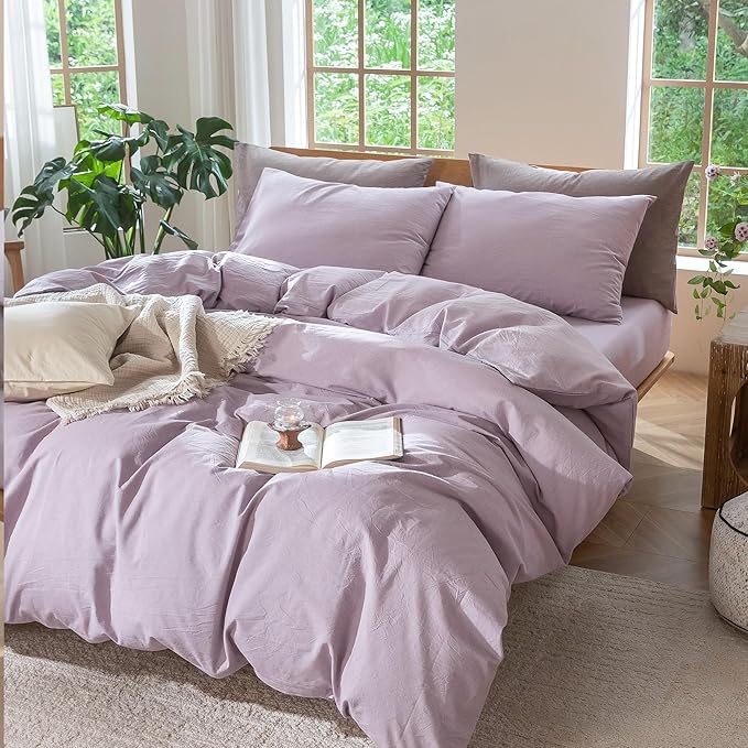 MooMee Bedding Duvet Cover Set 100% Washed Cotton Linen Like Textured Breathable Durable Soft Comfy (Heathered Light Purple, Palatial King/Oversized King 120"x98")