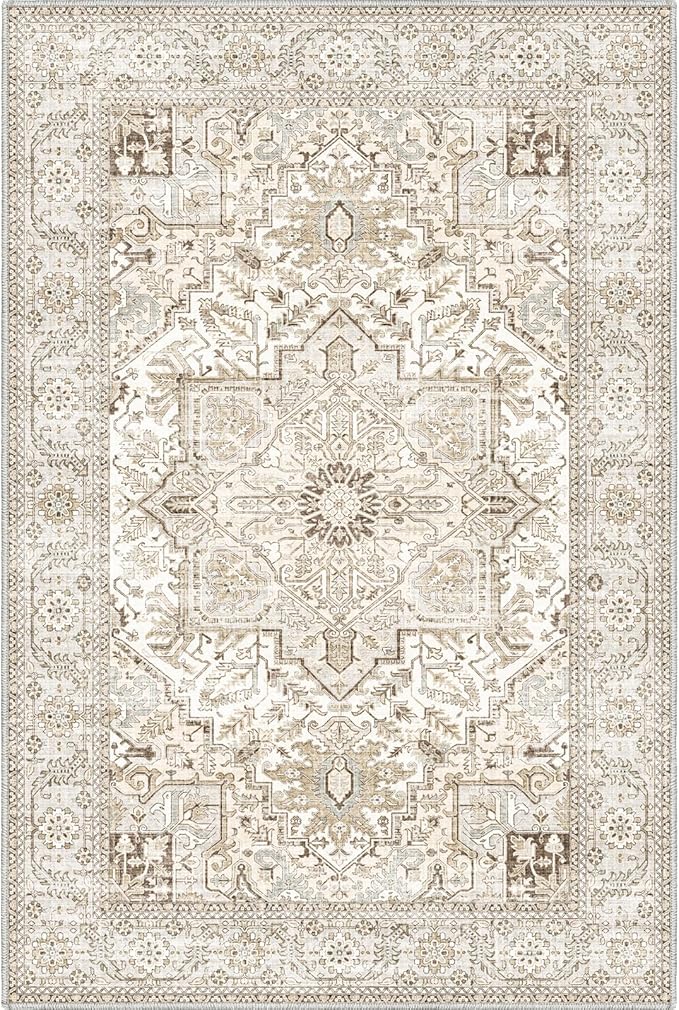 Fortsea Area Rug 2x3, Lightweight Washable Rugs for Entryway Bathroom Kitchen, Ultra-Thin Absorbing Low Pile Non Slip Rubber Rugs Backing, Durable Aesthetic Vintage 2x3 Rug (Cream/Light Beige, 2X3)