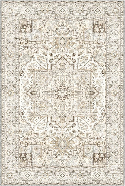 Fortsea Area Rug 2x3, Lightweight Washable Rugs for Entryway Bathroom Kitchen, Ultra-Thin Absorbing Low Pile Non Slip Rubber Rugs Backing, Durable Aesthetic Vintage 2x3 Rug (Cream/Light Beige, 2X3)