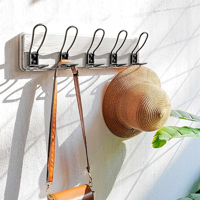 Dseap Coat Rack Wall Mounted - Heavy Duty Farmhouse Rustic Wall Coat Hanger With 5 Wire Hooks for Clothes Hat Jacket Towel, RusticWire, G25A, Whitewash & Black, Pack of 2