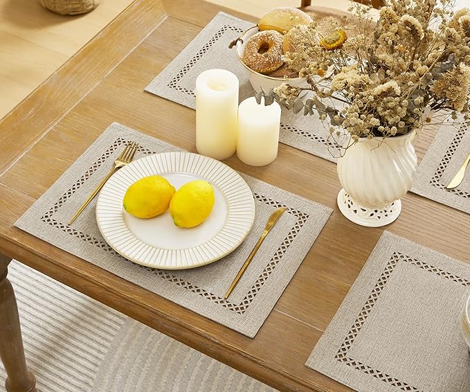 Burlap Placemats Set of 4, 12 x 18 Inch Rustic Geometric Hollow Place Mats, Heat Resistant Placemats for Farmhouse Kitchen Table Decor, Coffee 4PCS
