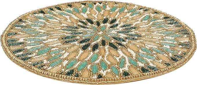 Beaded Placemats – 13'' Round Floral Marigold Design in Gold & Green, Decorative Beaded Charger for Dining Table, Perfect for Holidays & Christmas Bedding Craft