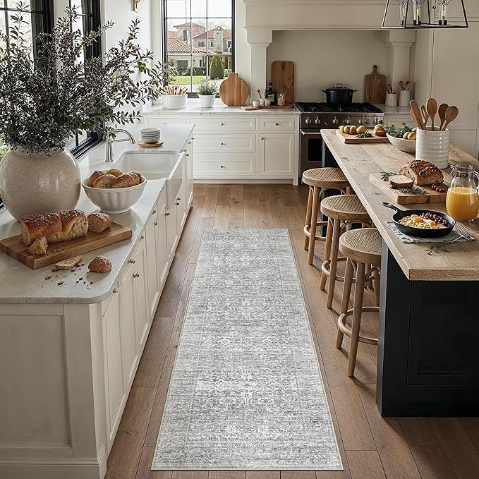 PureCozy 2x6 Runner Rug Gray Machine Washable Hallway Kitchen Vintage Distressed Non Slip Carpet Indoor Small Long Low Pile Thin Bedroom Bathroom Retro Accent Throw Rug Laundry Living Room