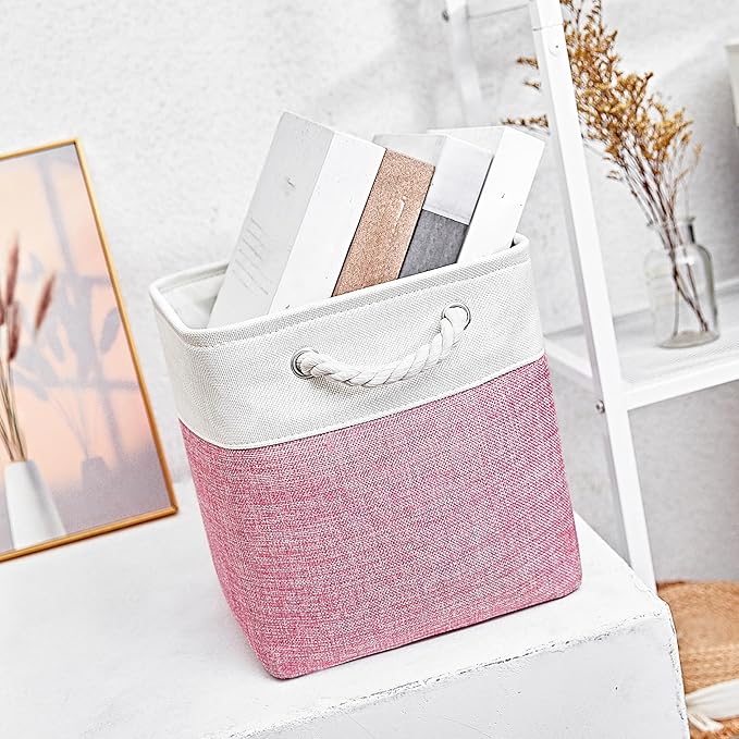Fabric Storage Cubes, 11 inch cube storage bin with Handles, 11x11cube storage organizer bins, Collapsible Storage Bins for Shelves and Home, Cubby Storage Bins (White-Pink, 10.5x10.5x11in)