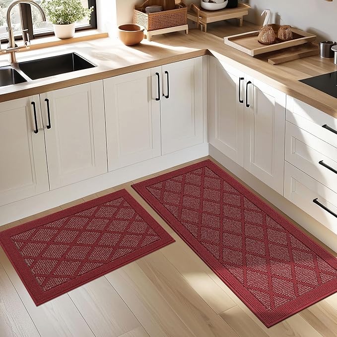 COSY HOMEER Kitchen Mats, 2 PCS Kitchen Rug Non Slip Washable, Absorbent Runner Rugs for Kitchen Floor, 100% Polypropylene Kitchen Sink Rug 20"x32" + 20"x48"(Red)