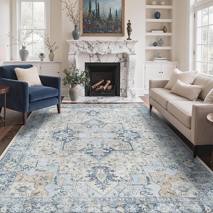 GENIMO 6x9 Area Rugs for Living Room, Non Slip Machine Washable Rugs, Low Pile Chenille Print Rug for Bedroom, Dining Room, Home Office, Blue