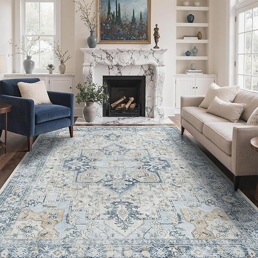 GENIMO 6x9 Area Rugs for Living Room, Non Slip Machine Washable Rugs, Low Pile Chenille Print Rug for Bedroom, Dining Room, Home Office, Blue