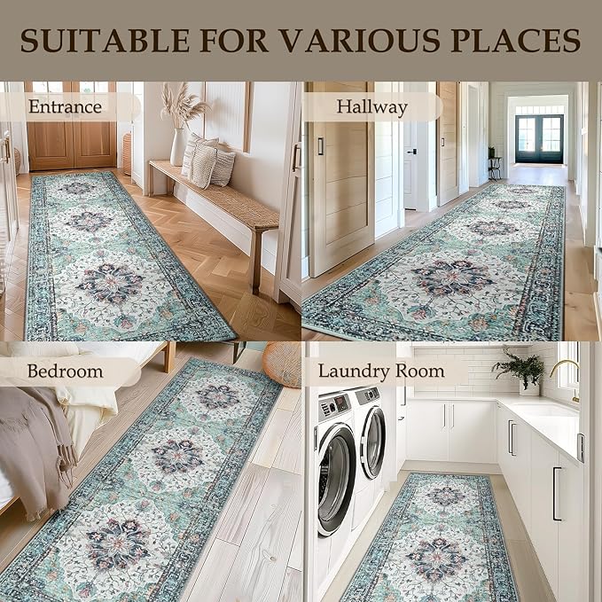 RELEANY Area Rugs 2'x10' Washable Non-Slip, Floral Vintage Distress Print Pattern Medallion Carpet for Living Room Bedroom Dining Room, Green Navy Blue White Red Teal Colorful