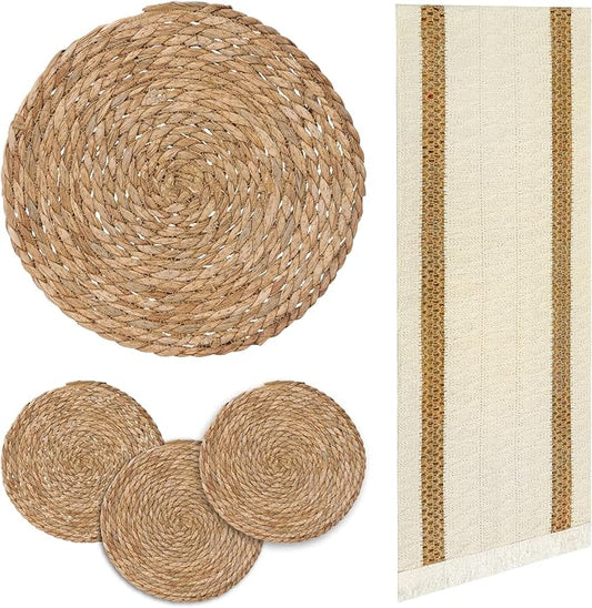 Niviy Round Woven Placemats Set of 4, with 72 Inches Long Farmhouse Macrame Table Runner Burlap Cotton Linen Table Runners Chargers for Dinner Plates, Beige & Brown