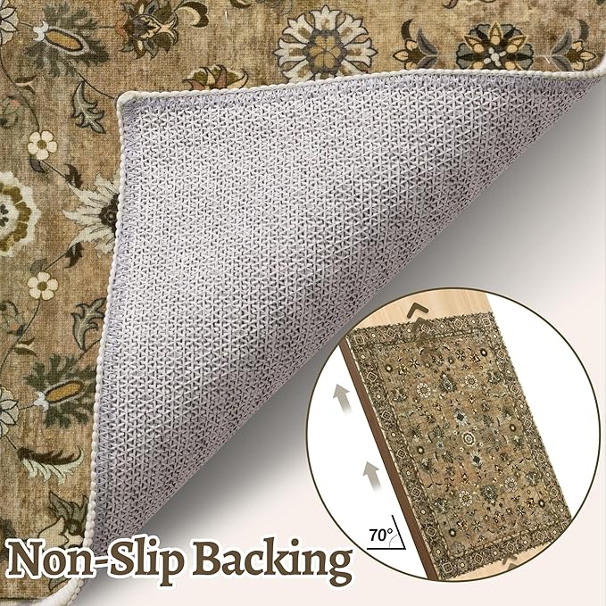 Tangsoo 4x6 Floral Vintage Rug for Living Room, Washable Vintage Area Rug Indoor, Non Slip Brown Rug for Dining Room, Soft Low Pile Rugs, Print Foldable Carpet for Dorm Living Room Bedroom