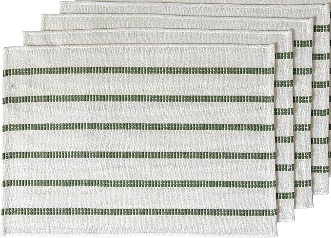 Caflife Boho Farmhouse Placemats Set of 4, Green Beige Stripes Cotton Linen Woven Table Mats for Modern Dining Table, 13x19 Inch Rustic Kitchen Decor Place Mats