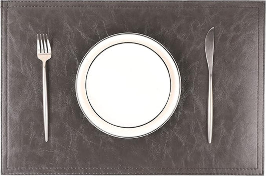 Waterproof PU Placemats, Faux Leather Dinging Table Mat, Set of 6, Easy to Wipe Off Scrub Vinyl Mat, Heat & Stain Resistant for Office Conference Table, Home Decor G Graphite Grey