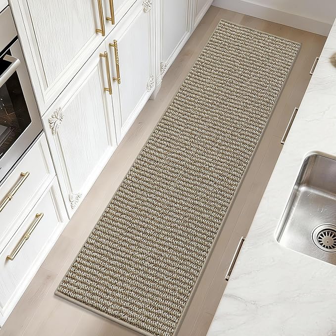 JSEI Kitchen Rugs and Mats, 2PCS Non-Slip Kitchen Mats for Floor, Machine Washable Absorbent and Stain Resistant Kitchen Runner, Carpet Mats with TPR Backing, 17''x30''+17''x60'', Beige