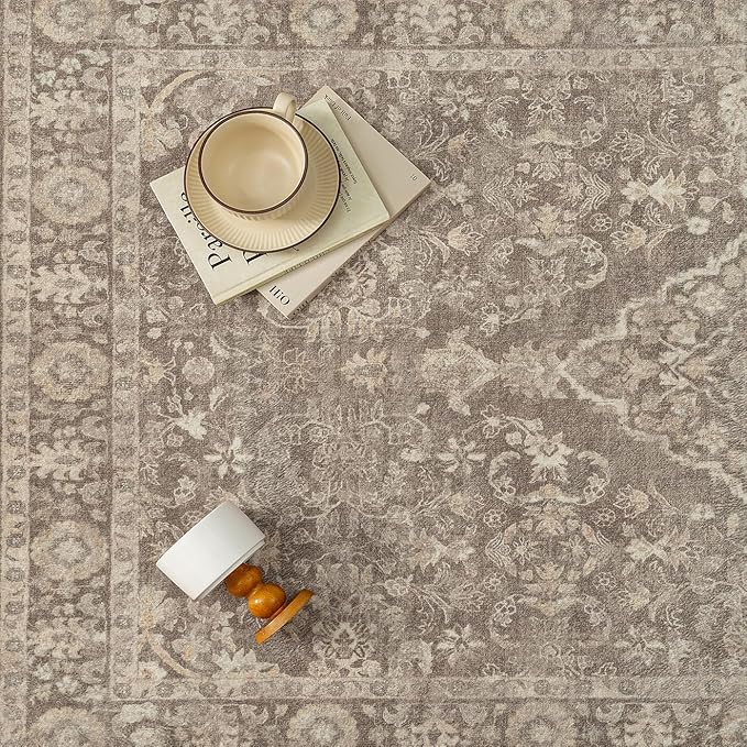 PureCozy 5x7 Area Rug Brown Washable Living Room Bedroom Carpet Vintage Distressed Non Slip Low Pile Thin Dining Room Office Medallion Accent Throw Rug
