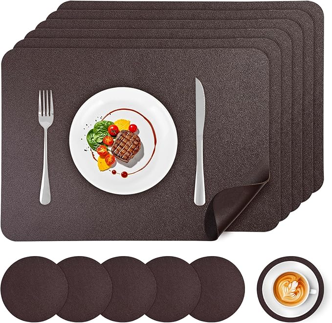 Faux Leather Placemats Set of 6, Vinyl Placemats Heat Resistant Place Mats, Waterproof Oil-Proof Wipeable Dining Table Mats and Coasters for Kitchen, Indoor, Outdoor (Coffee 16 x 12 inch)
