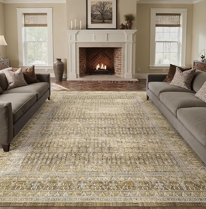 PureCozy Brown 8x10 Area Rug for Living Room Washable Vintage Distressed Large Carpet Bedroom Low Pile Non Slip Indoor Soft Retro Throw Accent Rug Office Kitchen Bathroom Dining Room