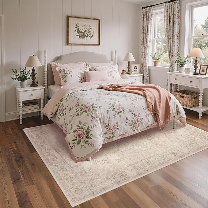 BESBLEE 6x9 Area Rugs for Living Room, Machine Washable Rug, Non Slip Vintage Rugs, Low Pile Lightweight Print Rug for Bedroom, Dining Room, Home Office, Pink